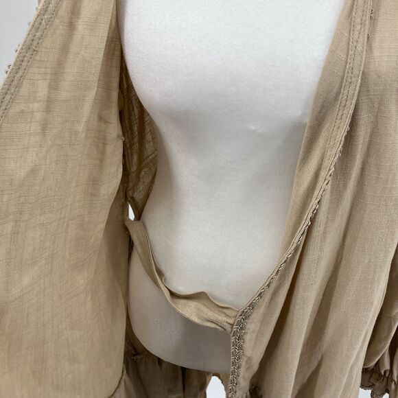 Menti Neutral Linen Blend Wrap Dress sz S Made in Greece Balloon Sleeves Ruffles - Picture 10 of 14